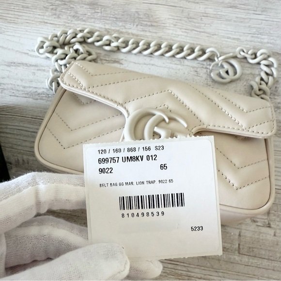 New Gucci Marmont GG belt shoulder leather mini bag with chain size 65 white - Picture 13 of 15